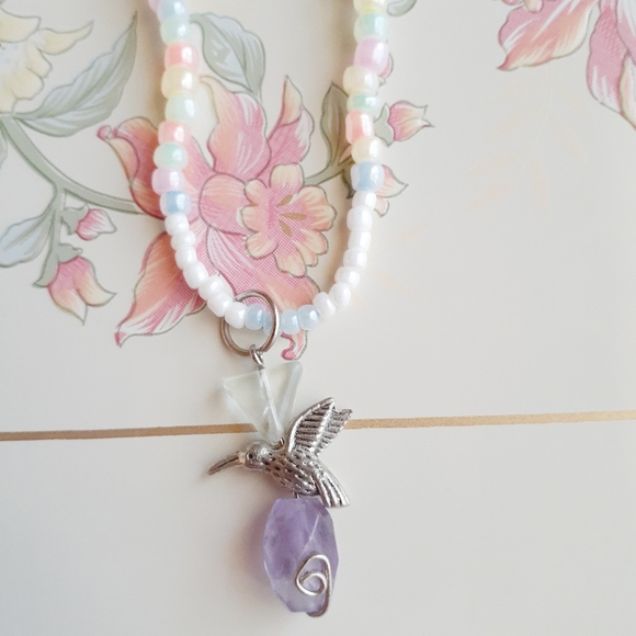 Handmade Beaded Choker Necklace Amethyst Flourite - Picture 3 of 8